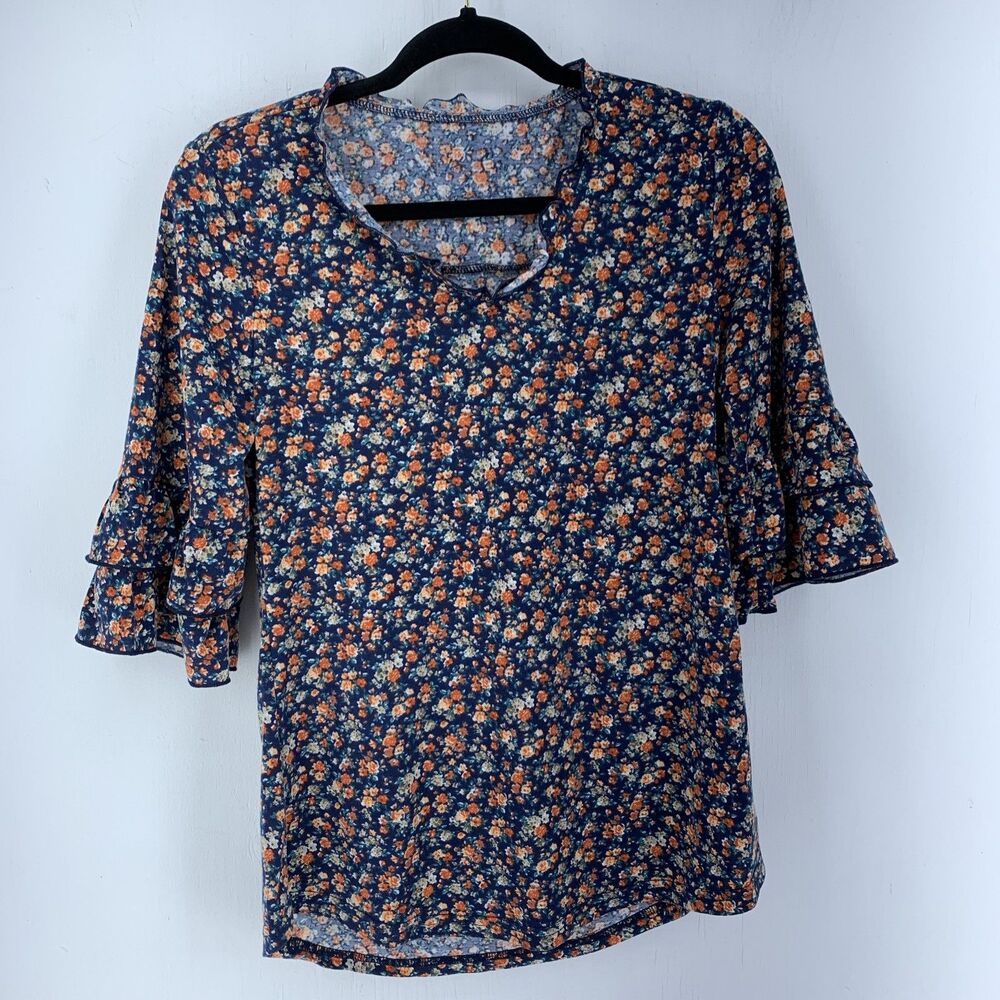 TFSDOD Womens S Vneck Top Blouse Cottage Peasant Ditsy Ruffles 3/4 Tiered Sleeve